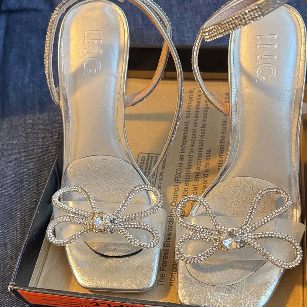 INC International Concepts Silver Rhinestone Bow Sandals